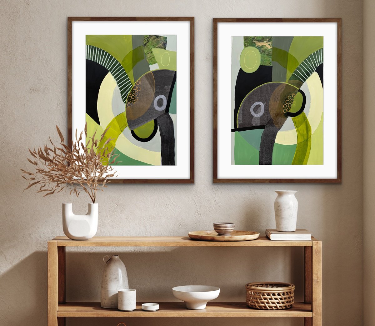 Organic Abstract Acrylic Painting By Rashna Hackett, 20 X 27", Olive Branch (Diptych), Original Artwork