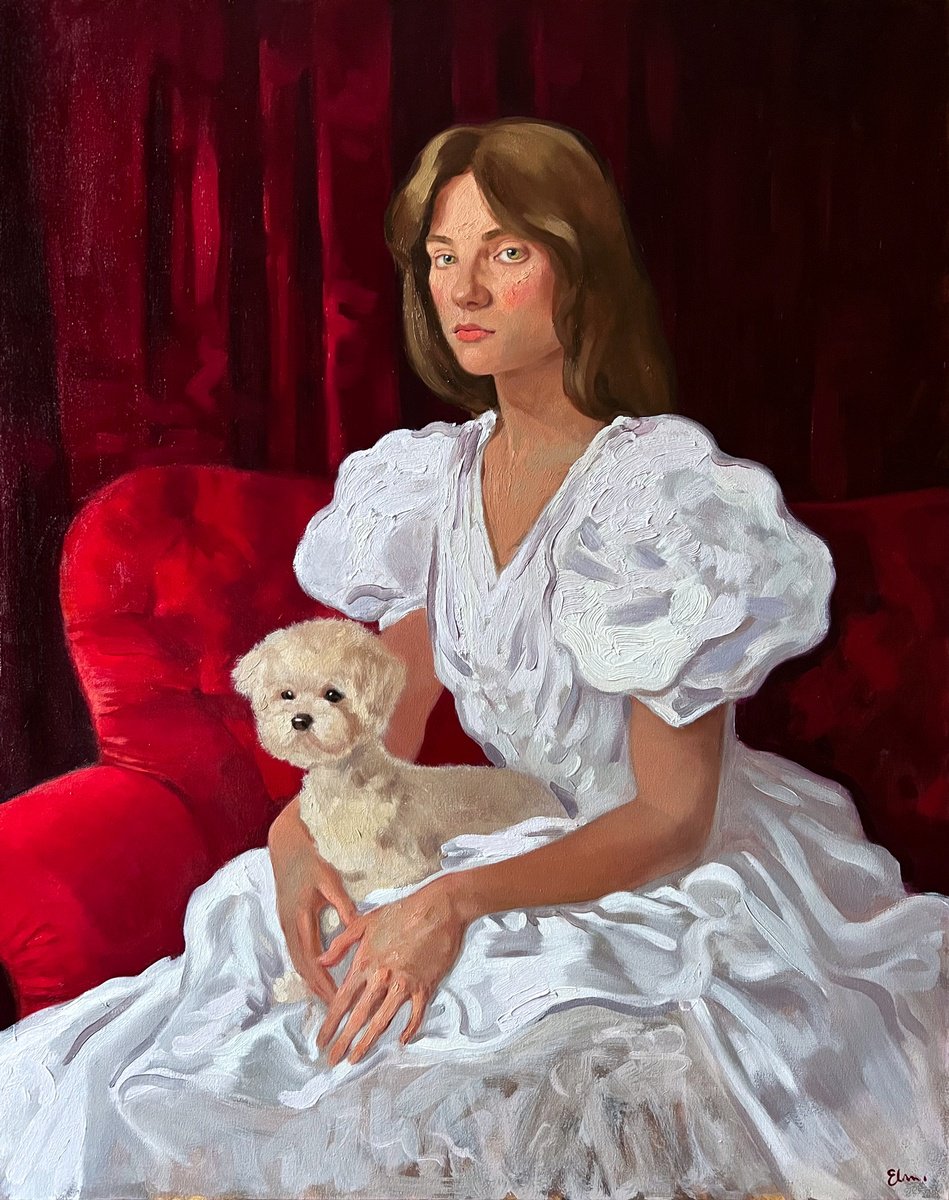 Portrait of a woman with maltese dog by Elina Arbidane