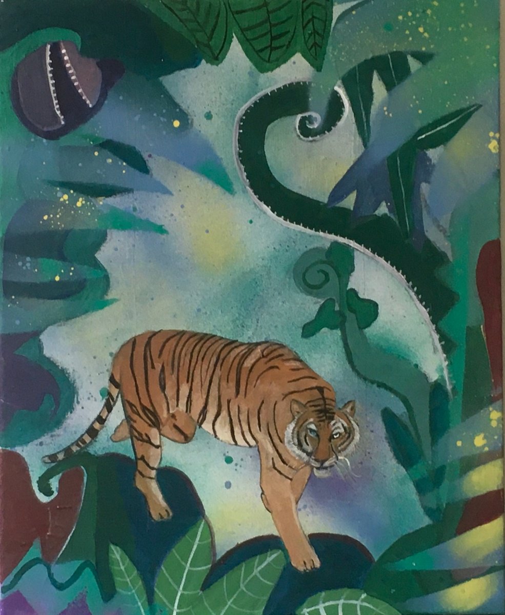 Illustrative Animal Painting By Chihiro Kinjo, 16 X 20, Tiger In Jungle, Original Artwork