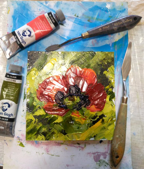 Poppy Painting Floral Original Art Abstract Red Flower Small Oil Impasto Pallete Knife Artwork Home Wall Art 6 by 6" by Halyna Kirichenko