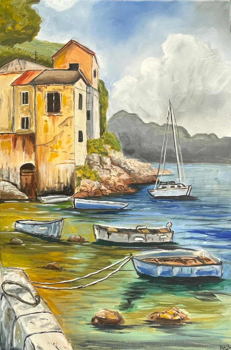 Impressionistic Landscape Acrylic Painting By Aisha Haider, 20 X 30, Coastal Resting Place, Original Artwork