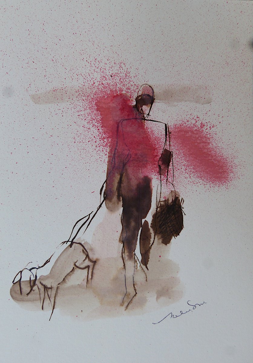 The Dog Walker 2, ink on paper 15x21 cm by Frederic Belaubre