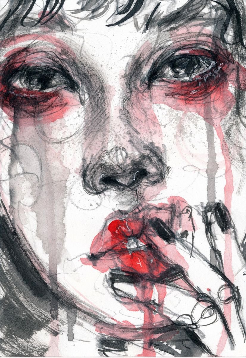 Expressive Portrait Ink Drawing By Doriana Popa, 5 X 7, Touch Your Lips, Original Artwork