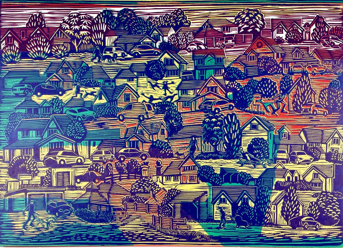 Graphic Cityscapes Linocut By Mark Howard Jones, 20 X 14", Evening Walk, Original Artwork