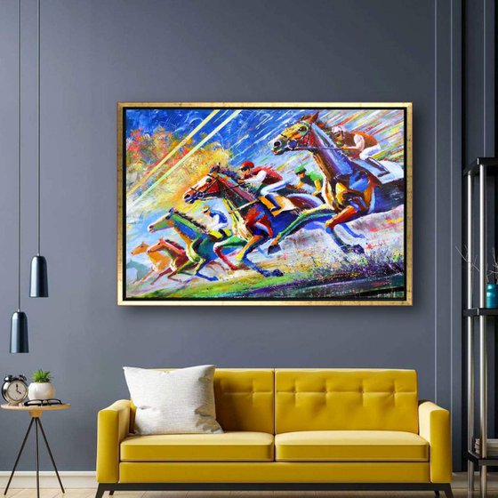 Expressive Horse Racing Artwork, Dynamic Vibrant Acrylic Painting, Impressionist Style