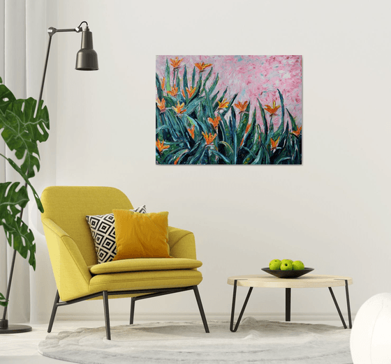 Big original oil painting Flowers Bird of paradise