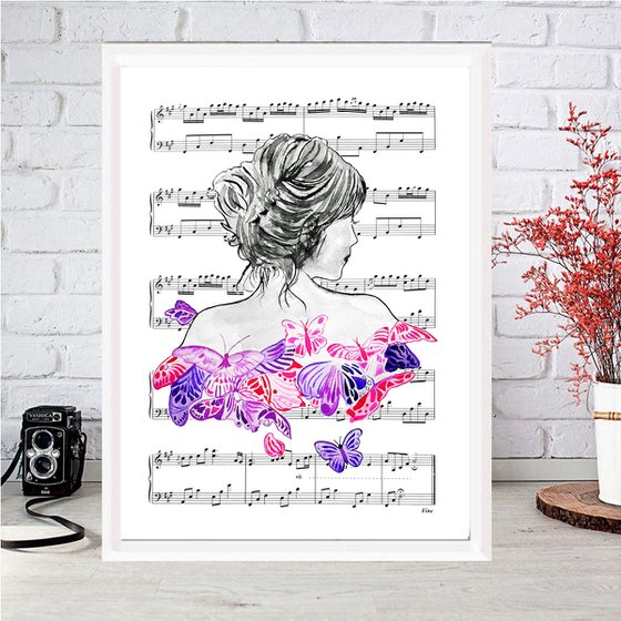 Music flies, watercolor on sheet music