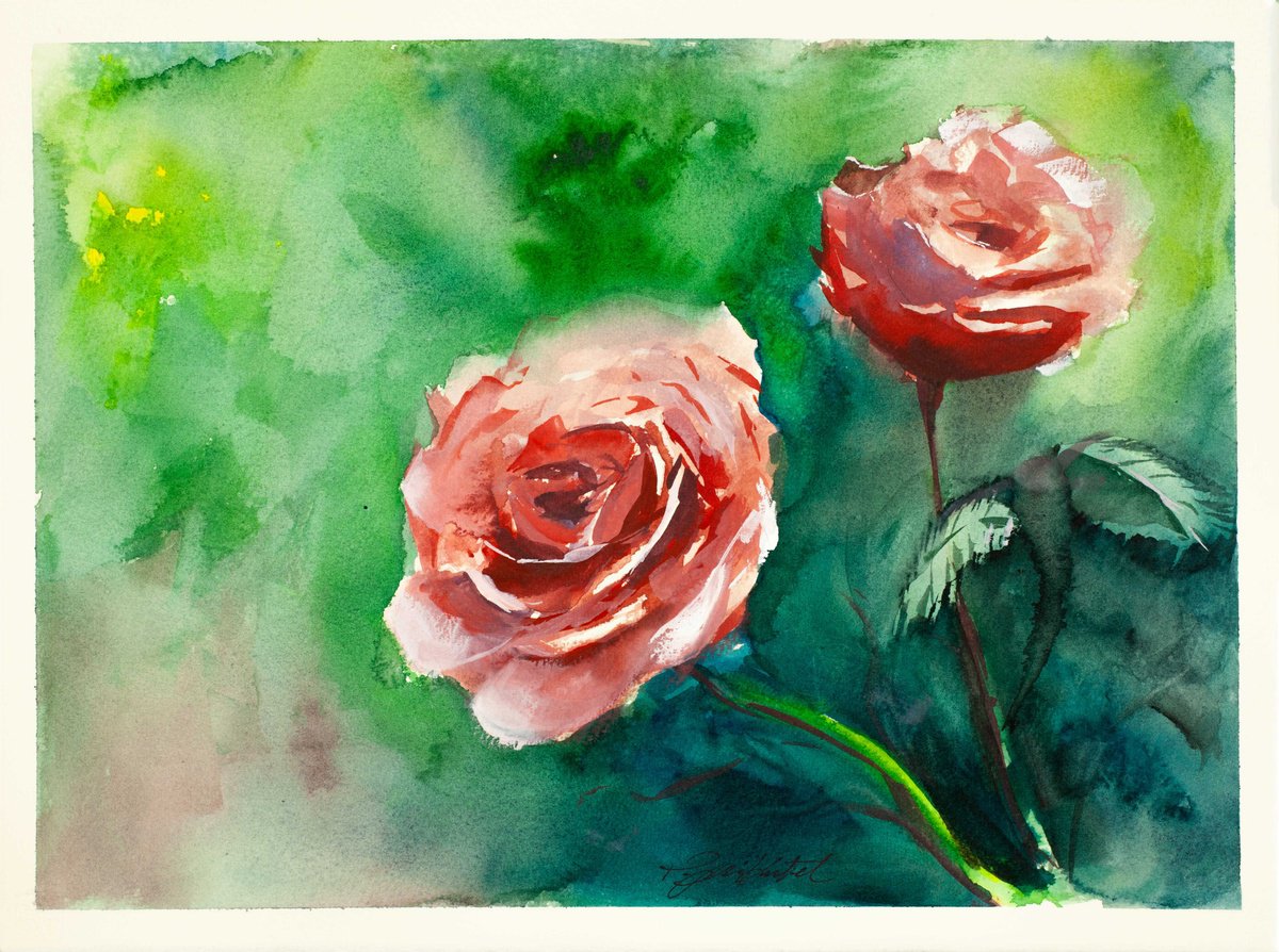 Impressionistic Botanical Watercolour By Tomasz Mikutel, 14 X 10", Two Roses, Original Artwork
