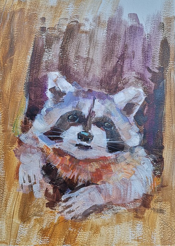 "Racoon #3" (acrylic on paper painting) (11x15x0.1'')