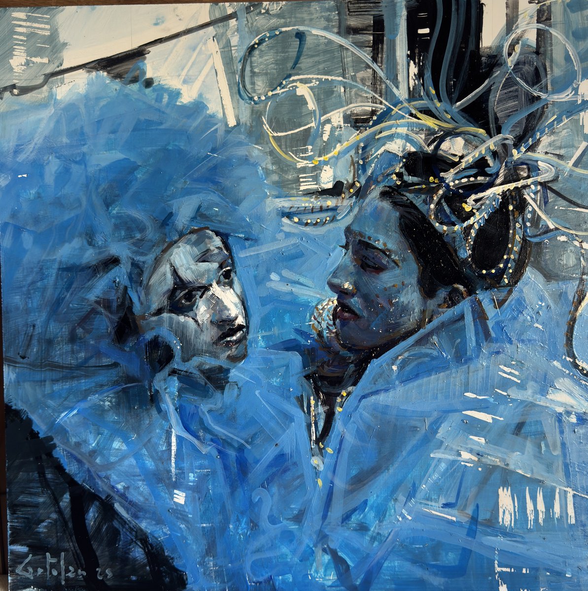 Impressionistic Portrait Oil Painting By Marco Ortolan, 17 X 17", A Carnival Couple, Original Artwork