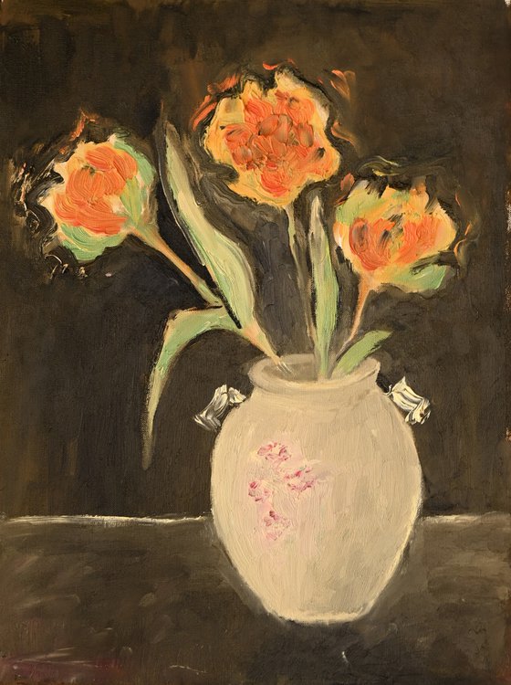 Orange tulips in Chinese vase