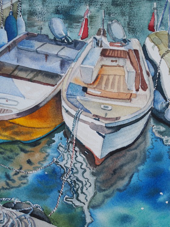 Boats in the port - colorful seascape original watercolor