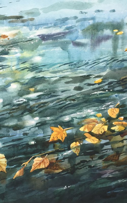 Autumn river. City river painting. by Natalia Veyner