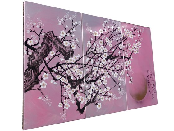 Japanese sakura J277 - large silver pink triptych, original art, japanese style paintings by artist Ksavera