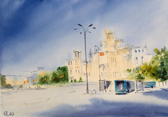 Madrid. Banco de España. Street view with. Original watercolor. Small watercolor urban landscape