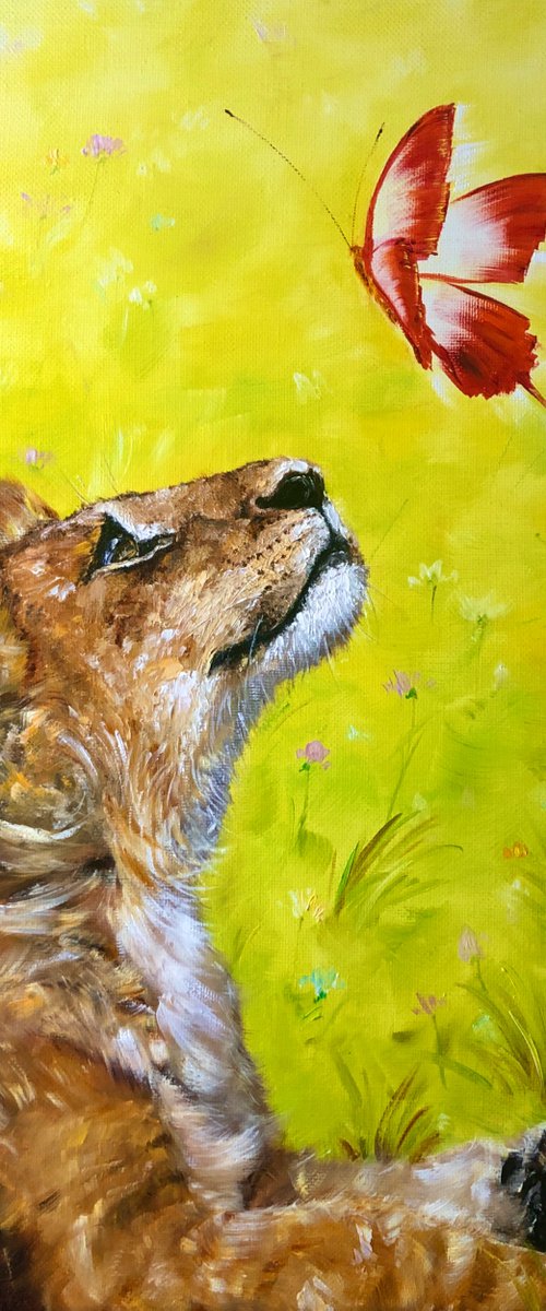SMALL CHARM -Little lion cub. Adorable lion cub and butterfly. Simba plays. Cute predator. The lion king. Fairy tale. Wild nature. Flower meadow. by Marina Skromova