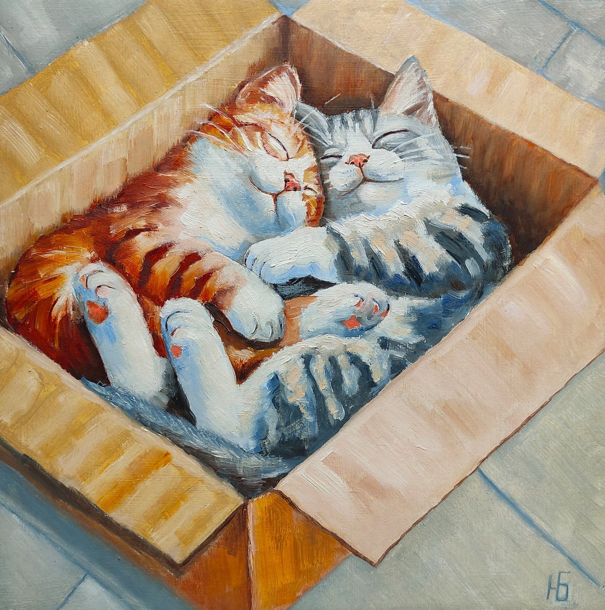 A Pair Of Cats In A Box Oil Painting by Yulia Berseneva