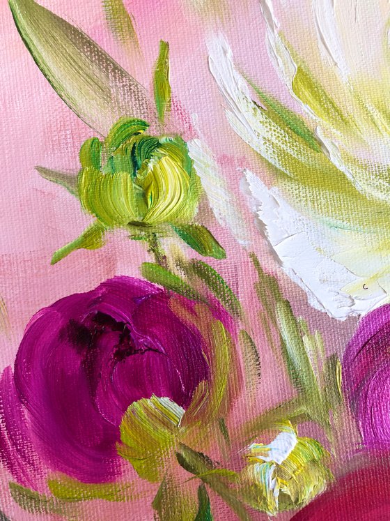 FLOWER TREASURE - Peonies. Pink flowers. Round picture. Floral decor. White peonies. A blooming garden. An unusual picture. Gorgeous flowers. Petals. Fuchsia. Softness.