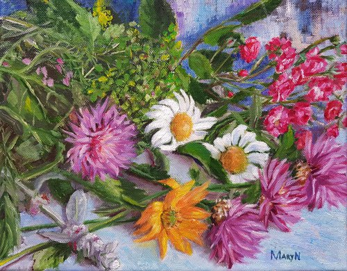 Summer bouquet - 30x24 CM OIL PAINTING (2017) by Mary Naiman