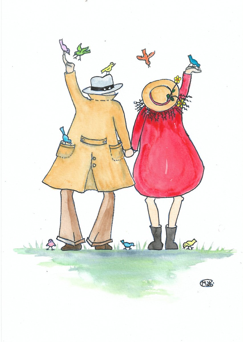 Illustrative Portrait Painting By Marjansart, 8 X 12", Feeding The Birds Together With My Valentine, Original Artwork