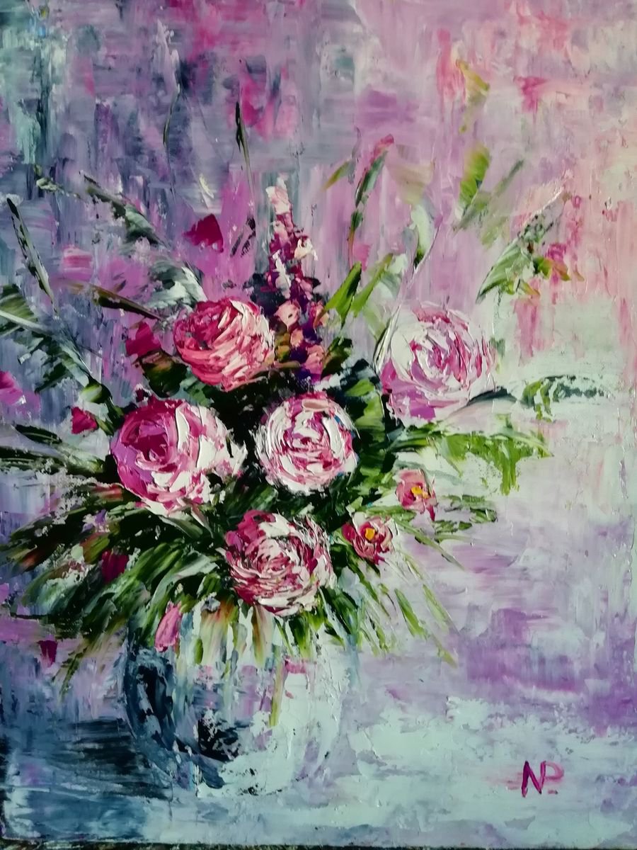 Truth of touch, roses, abstract, original canvas floral oil painting, Gift idea for Her by Nataliia Plakhotnyk
