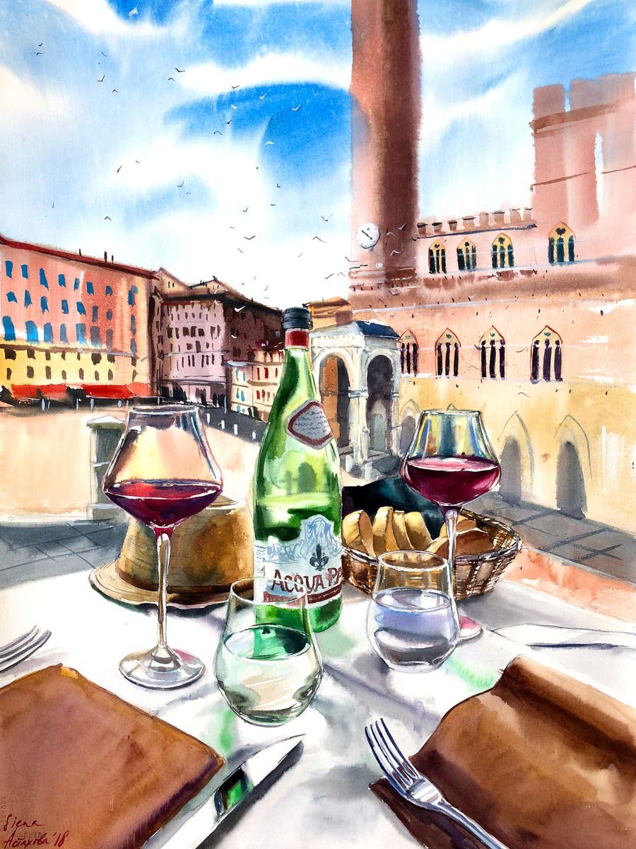 Impressionistic Still Life Watercolour By Ksenia Astakhova, 22 X 30", Lunch In Siena, Original Artwork