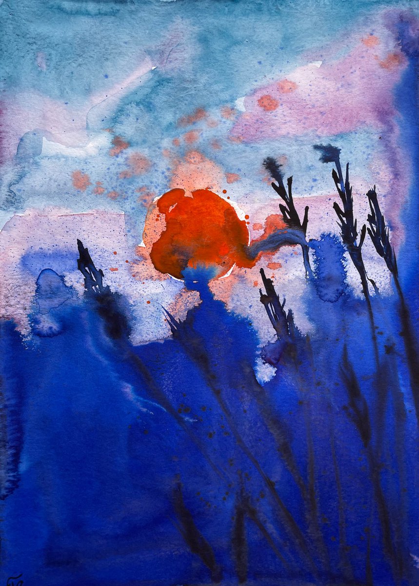 Abstract Watercolor Painting Original, Red Sun Original Artwork, Bright Wall Art by Kate Grishakova