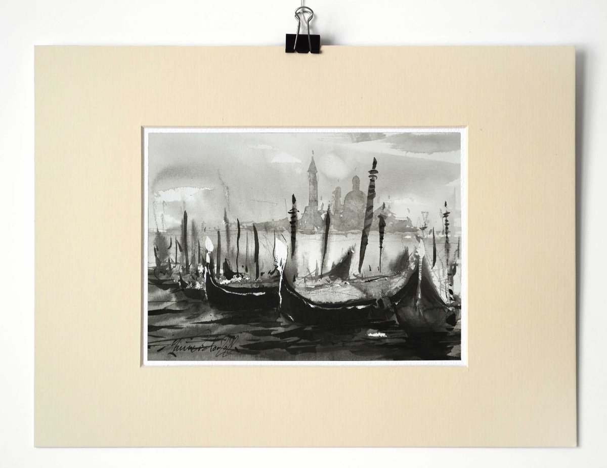 Venice, Black and white gondola ink painting sketch. by Marin Victor