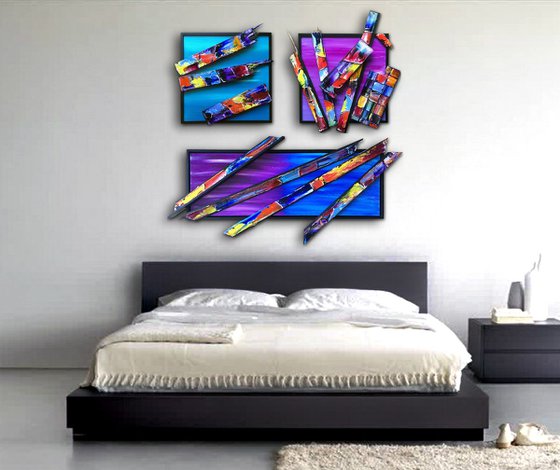 "Broke And Beautiful" - SPECIAL PRICE - Original Triptych PMS Mixed Media Sculptural Paintings On Canvas and Wood, Framed -  45 x 46 inches