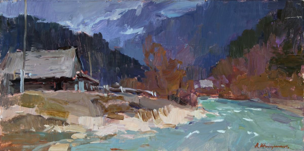 Impressionistic Landscape Oil Painting By Aleksandr Kryushyn, 20 X 9, April In The Mountains, Original Artwork