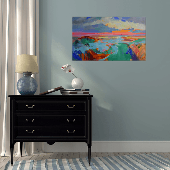 "Bright Horizon" Original painting Oil on canvas Abstract landscape (2021).