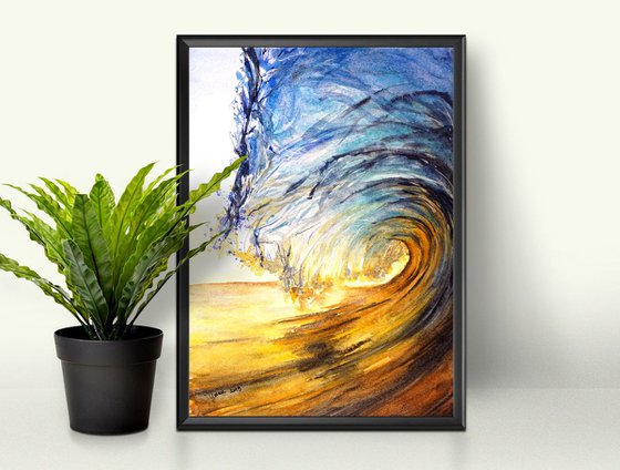 Ocean Wave ORIGINAL Watercolor Painting - Realistic Aquarelle Art