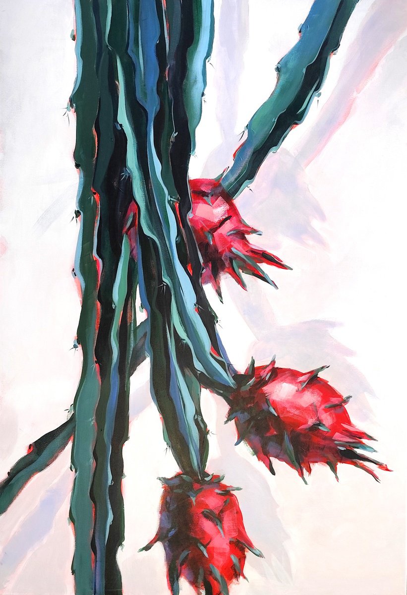 Expressive Botanical Acrylic Painting By Volha Belevets, 35 X 51", Dragon Fruit, Original Artwork