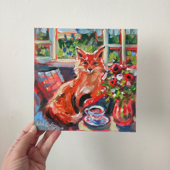 Fox Tea Time. Oil Painting