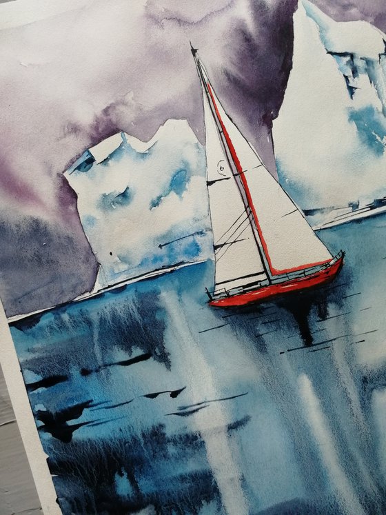 Red sailboat\ICEBERG PAINTING/ ANTARCTICA