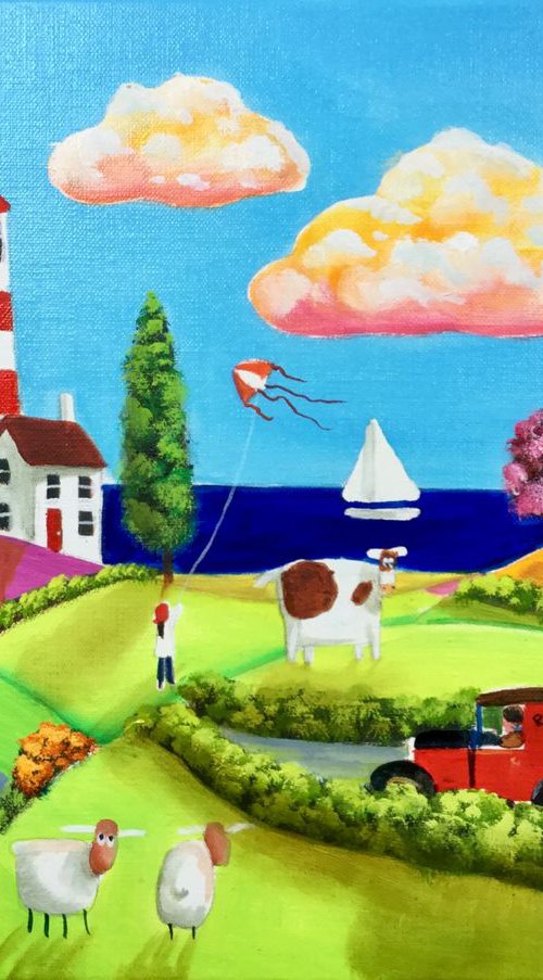 naive art seaside painting red Royal Mail van (Linen canvas) by Gordon Bruce