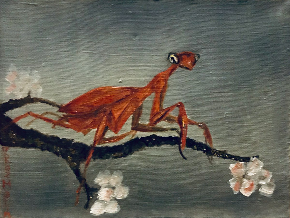 Expressive Animal Oil Painting By Marina Deryagina, 8 X 6", Mantis - Girl, Original Artwork
