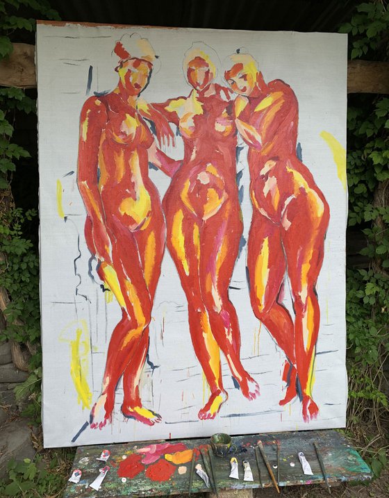 THREE GRACES - Abstract nude art , XL large wall sized, original painting, bathers theme, red, bedroom interior