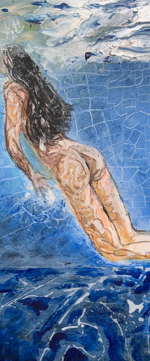 Swimmer III Acrylic Painting on Paper Unique Artwork Gift Ideas Home Decor by Kumi Muttu