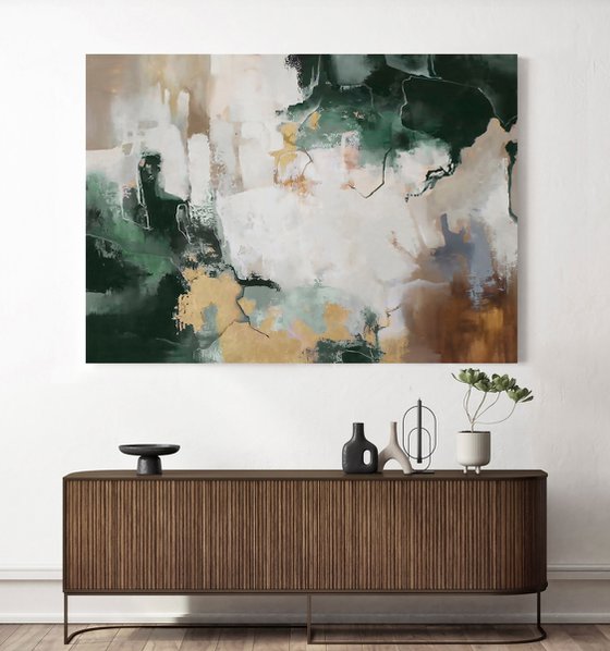 "Green Flash" Green gold brown abstract art