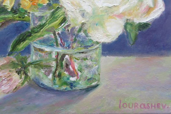 A Rose in a Glass / Wildflowers Meadow Original Traditional Impressionism Joyful Floral Handmade Vibrant Colours Purple and White Kitchen Still Life Rose Small Oil Painting 20x25 cm.
