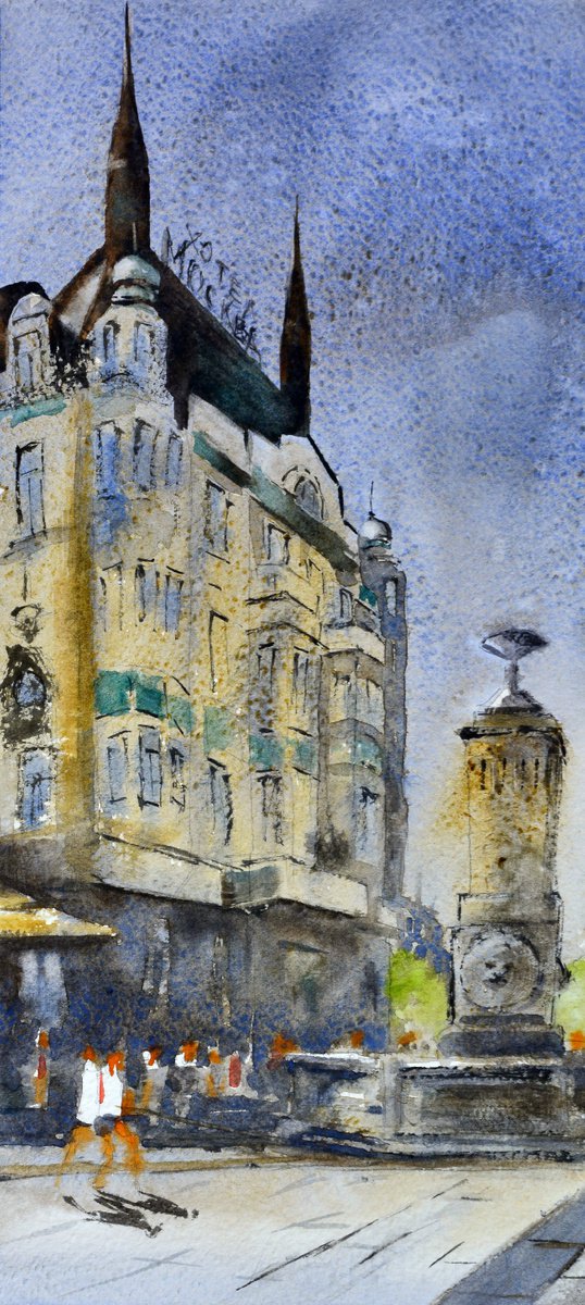 Another day before Hotel Moskva Terazije Belgrade 17x36 cm 2022 by Nenad Koji? watercolorist