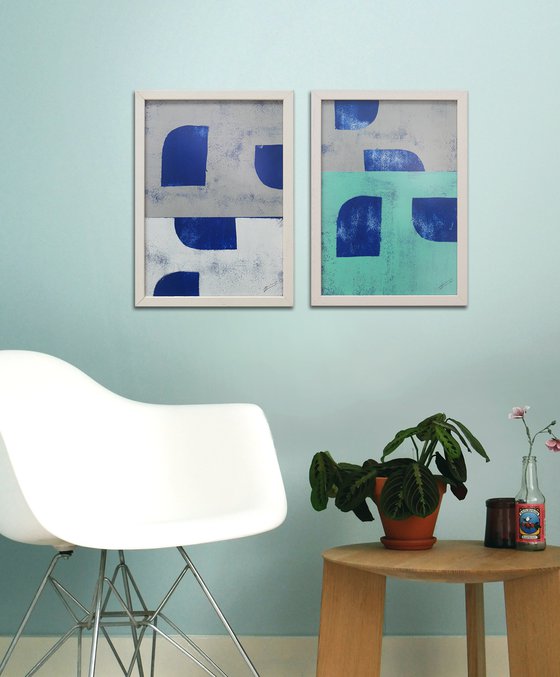 Diptych - Art on Paper - Incl Frame - Grey & Blue Stacked 24J