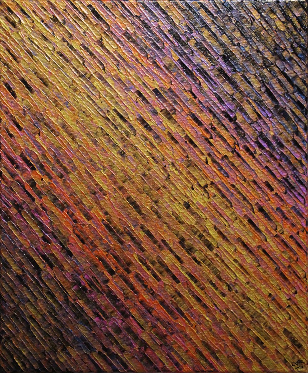 Abstract Acrylic Painting By Jonathan Pradillon, 15 X 18, Gold Orange Pink Diagonal, Original Artwork