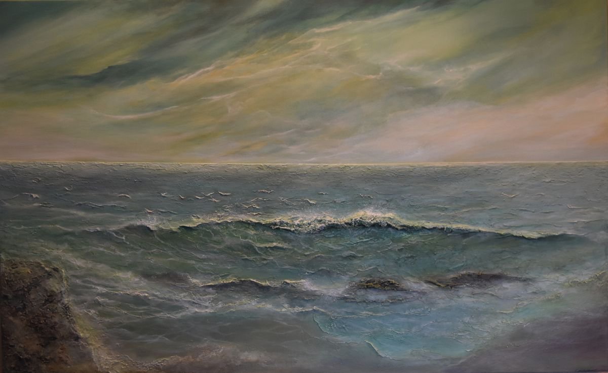 Impressionistic Landscape Painting By Tamara Bettencourt, 48 X 30", Drama At Sea Seascapes Ocean Paintings, Original Artwork
