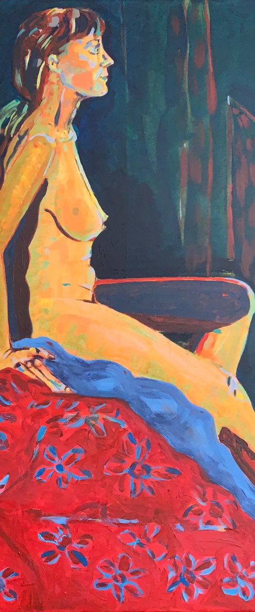 “Seated Female Nude on a Red Floral Drape” by Hanna Bell