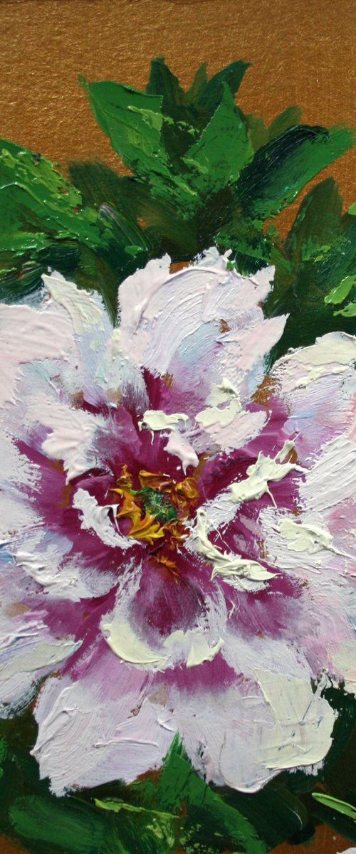 Peony on golden background / FROM MY A SERIES OF MINI WORKS / ORIGINAL OIL PAINTING by Salana Art Gallery