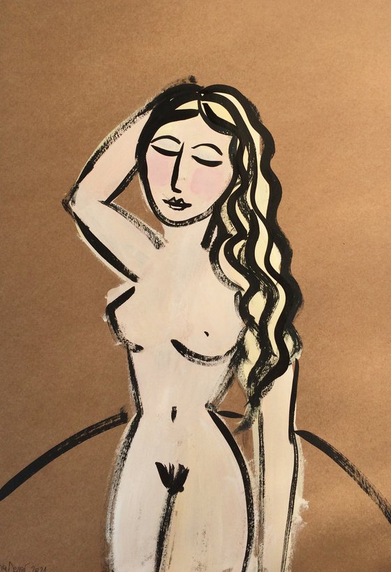 Female nude silhouette. Painting on paper