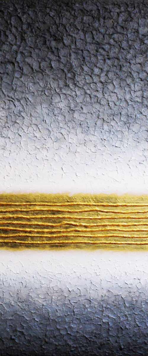 Large Abstract Painting with Gold Stripes and Relief Structure II by Waldemar Kaliczak