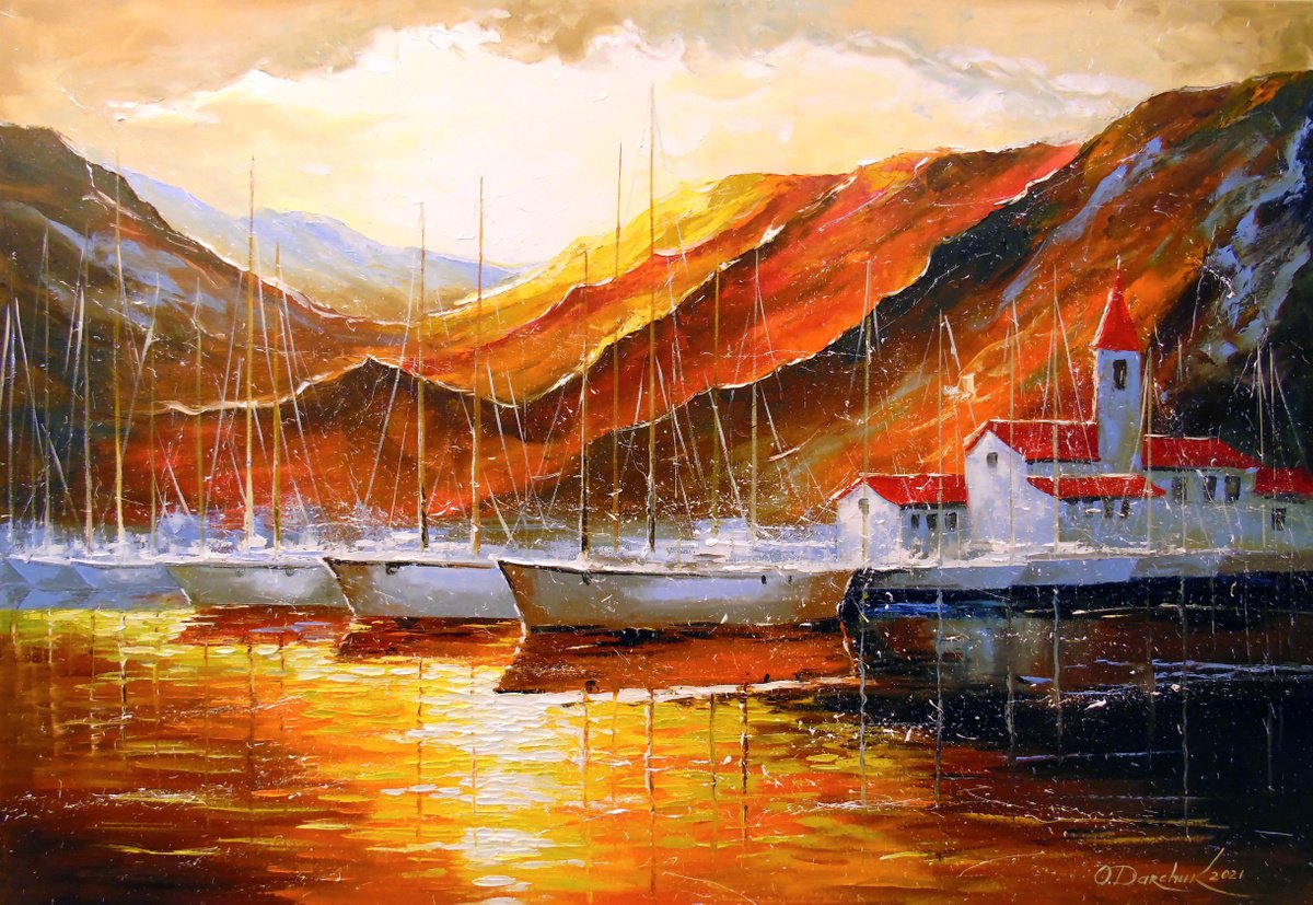 Yachts In The Mountain Harbor By Olha Darchuk, 51 X 35, Artwork For Sale On Artfinder